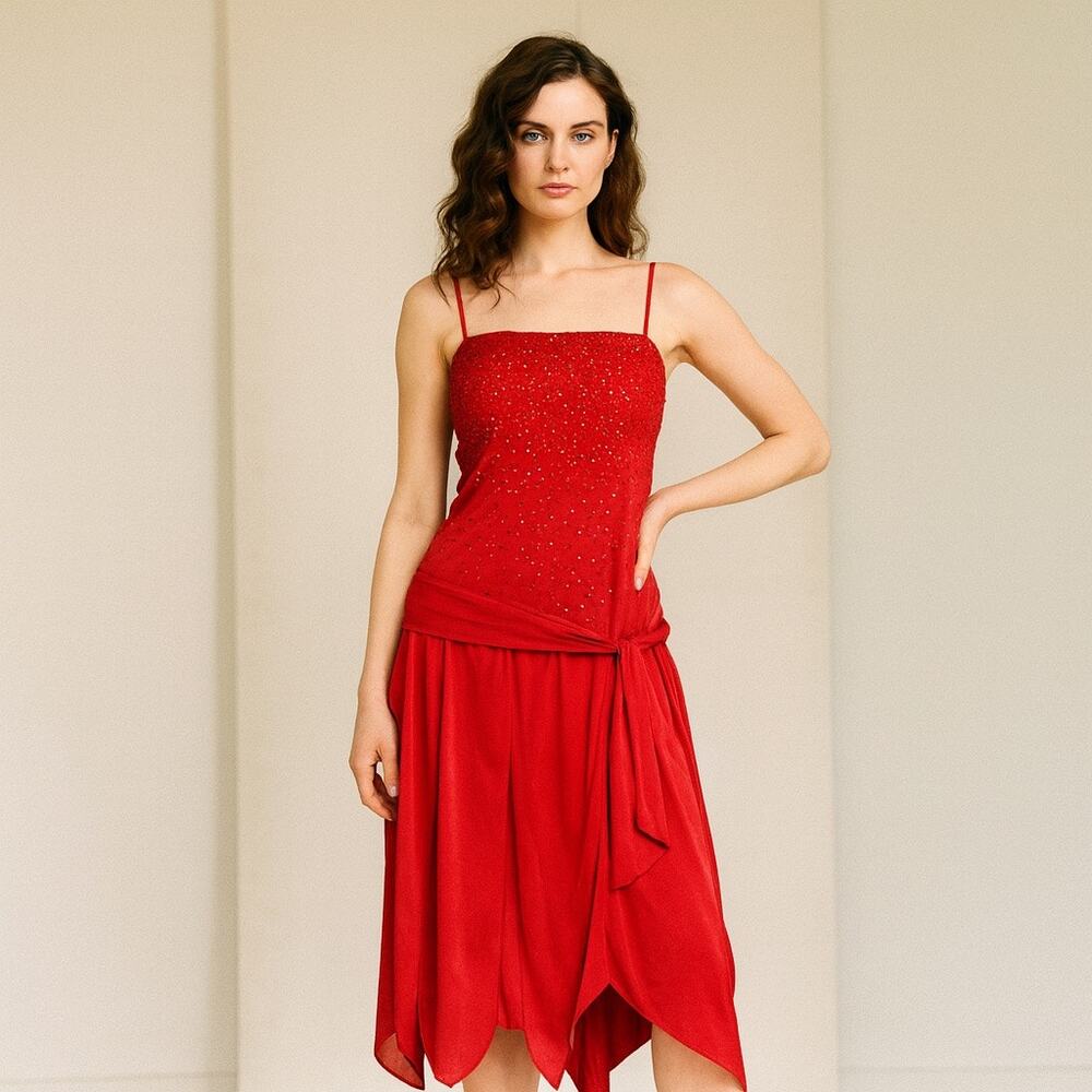 Vintage 80s Patra Red Glitter Fringe Cocktail Dress Size 14